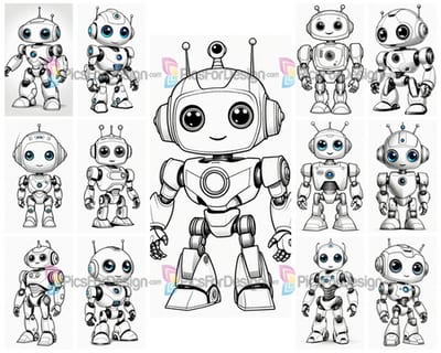 Black and white coloring picture. Little cheerful robot. Art.