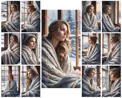 Watercolor drawing. A woman in a warm robe looks thoughtfully out the window. Art.
