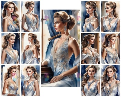 Picture. Beautiful European woman in a rich dress of the 80s. Art.