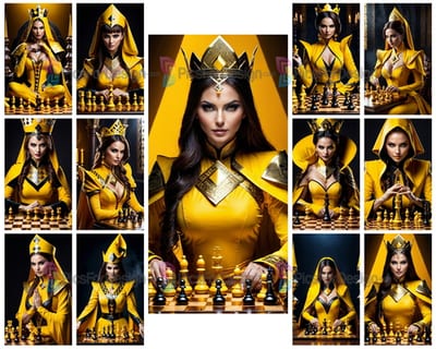 Colored drawing. A female magician in a yellow and black suit plays chess. Art.