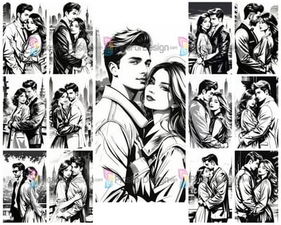 Black and white drawing. A man tenderly and sensually embraces a woman. Art.