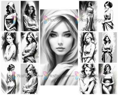 Black and white drawing. Sketch of a portrait of a sweet woman with a gentle look. Art.