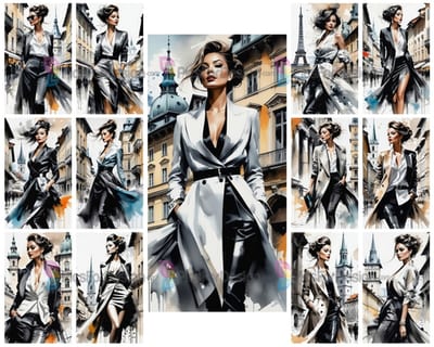 Ink painting. Elegant fashionable woman in designer outfit. Art.