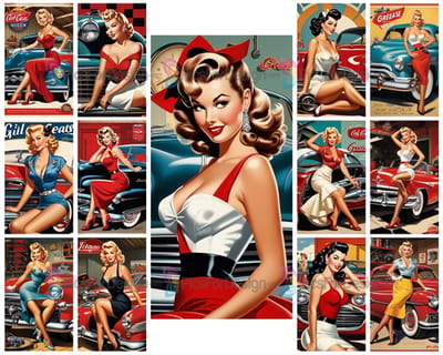 Colored drawing poster Pin-up. Woman in the garage near the car. Art.