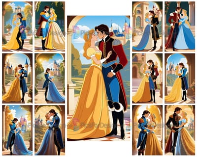 Colored drawing. Cinderella kisses the prince against the backdrop of the old town. Art.