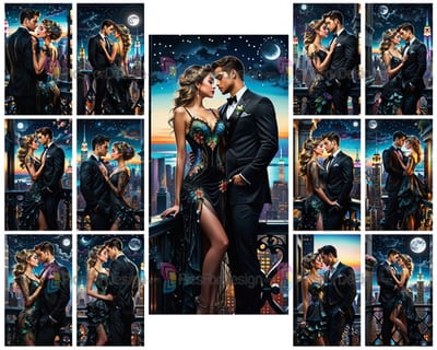 Colored drawing. Young couple in love standing against the backdrop of a night city. Art.