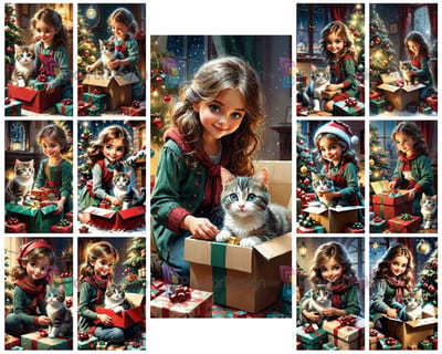 Colored pencil drawing. Girl and cat unpacking Christmas presents. Art.
