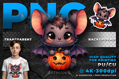 Cute cartoon halloween baby bat with pumpkin. PNG. 01