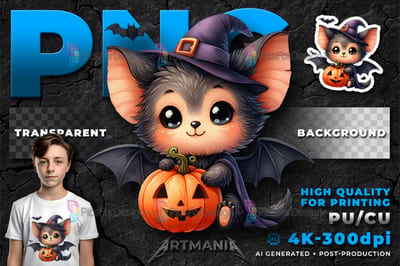 Cute cartoon halloween baby bat with pumpkin. PNG. 02