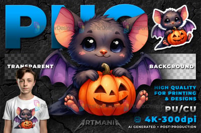 Cute cartoon halloween baby bat with pumpkin. PNG. 03