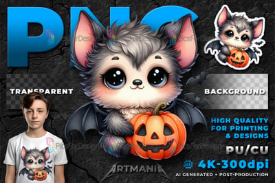 Cute cartoon halloween baby bat with pumpkin. PNG. 04