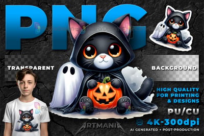 Halloween black cat. Cute cartoon halloween character in ghost suit with pumpkin. 01