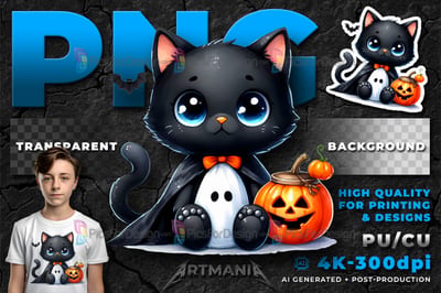 Halloween black cat. Cute cartoon halloween character in ghost suit with pumpkin. 02