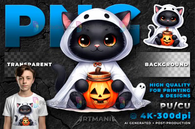 Halloween black cat. Cute cartoon halloween character in ghost suit with pumpkin. 03