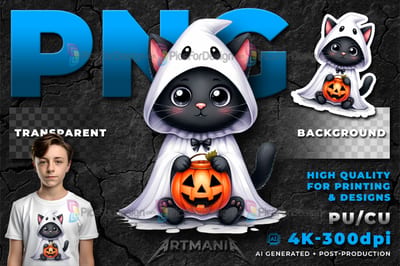Halloween black cat. Cute cartoon halloween character in ghost suit with pumpkin. 04
