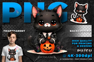 Halloween black cat. Cute cartoon halloween character in ghost suit with pumpkin. 05