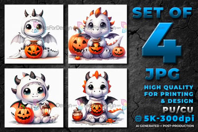 Halloween cute cartoon white baby dragon with pumpkin.
