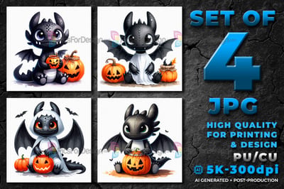 Halloween cute cartoon black dragon in ghost suit with pumpkin.