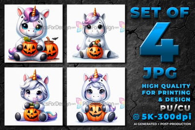 Halloween cute cartoon unicorn in ghost suit with pumpkin.