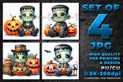 Halloween cute cartoon baby Frankenstein with pumpkins.