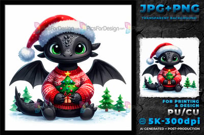 Cute Christmas Dragon. Cartoon Night Fury black dragon. 01