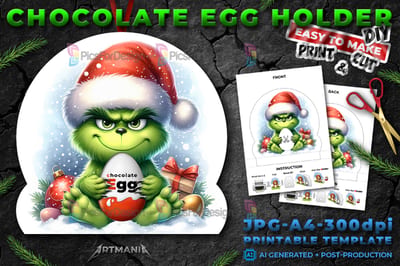 Christmas Cute cartoon green Grump, Grouch character. Christmas card. Chocolate egg holder.