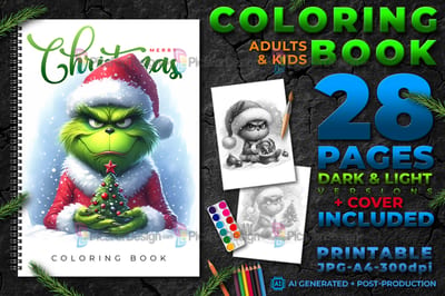Christmas coloring book. Cute cartoon green Grump stole Christmas.