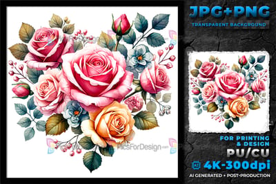 Valentine's day. Watercolor Bloom Heart. Floral wreath of roses. 01