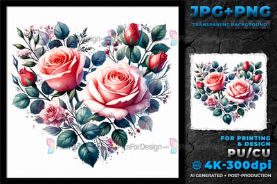 Valentine's day. Watercolor Bloom Heart. Floral wreath of roses. 04