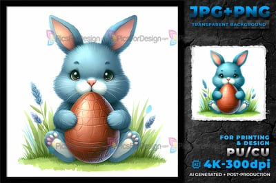 Cute cartoon Easter Bunny with chocolate egg. Watercolor Easter rabbit. 09