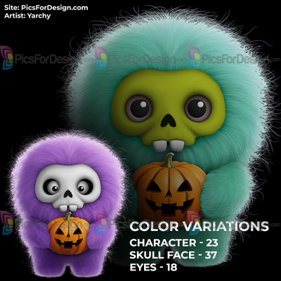 Cute fluffy little monster with halloween pumpkin. Forest spirit, creature, animal. MINIMONSY.